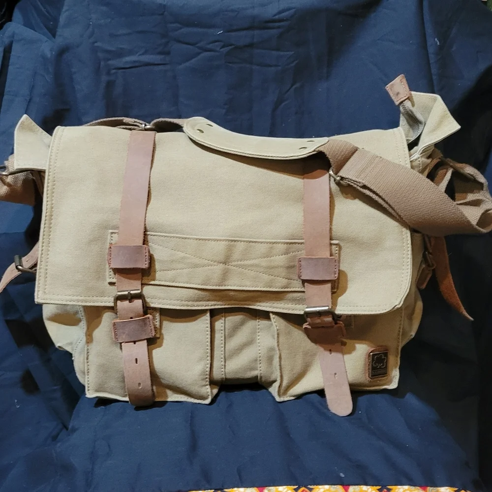 S.C. COTTON Tough Canvas Messenger Shoulder Bag Tan w/Brown Leather Accents